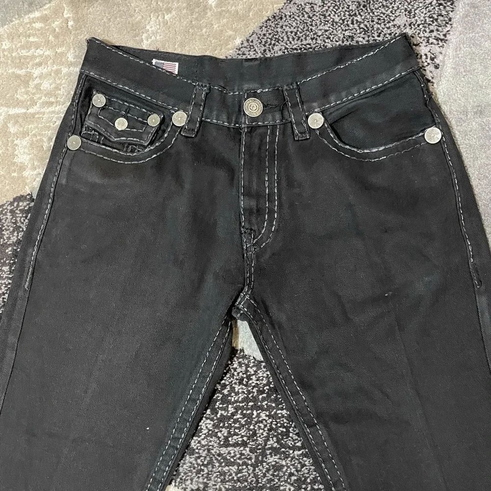 True Religion Ricky Super T Jeans Men 34x32 Black‎ Flap Pocket Thick Stitch USA